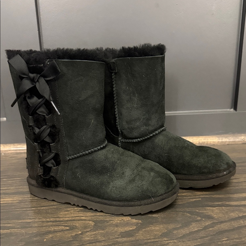 UGG Kids Black Suede Boots with Bow Detail